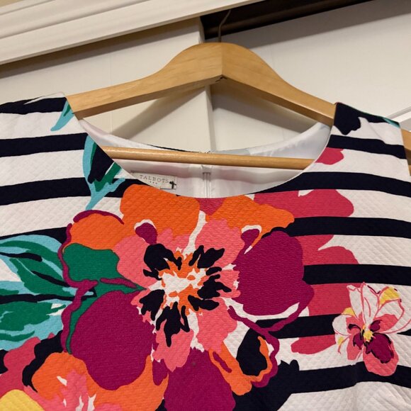 Talbots Factory Shift Dress Size 10 Black and White Striped Floral Print Lined - Picture 2 of 3